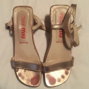 Miu Miu Strappy Pink Metallic Wood Wedge